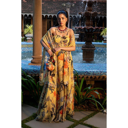 AFFROZ Misted Yellow Floral Anarkali Kurta with Pant and Dupatta