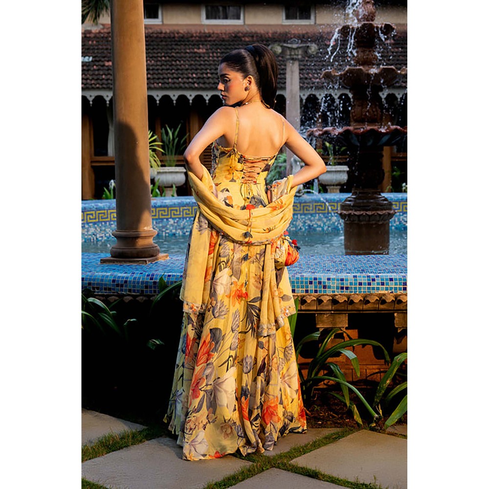 AFFROZ Misted Yellow Floral Anarkali Kurta with Pant and Dupatta