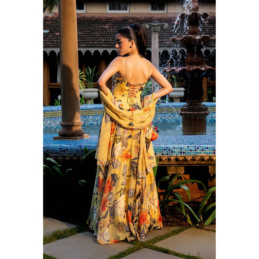 AFFROZ Misted Yellow Floral Anarkali Kurta with Pant and Dupatta