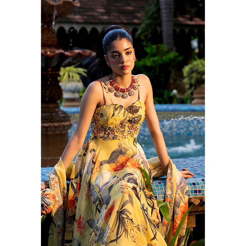 AFFROZ Misted Yellow Floral Anarkali Kurta with Pant and Dupatta