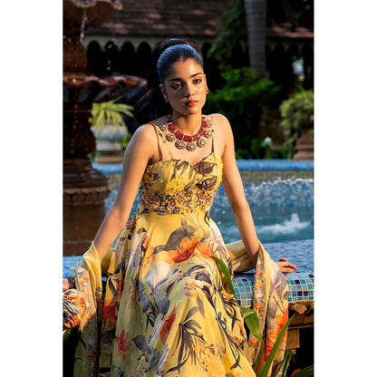 AFFROZ Misted Yellow Floral Anarkali Kurta with Pant and Dupatta