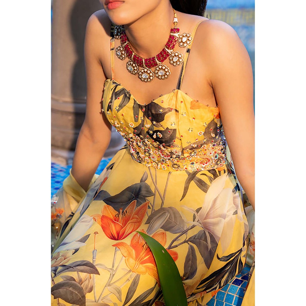 AFFROZ Misted Yellow Floral Anarkali Kurta with Pant and Dupatta