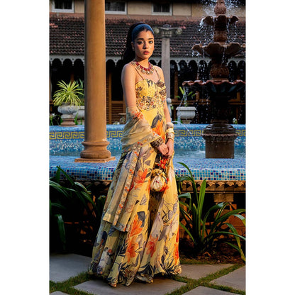 AFFROZ Misted Yellow Floral Anarkali Kurta with Pant and Dupatta
