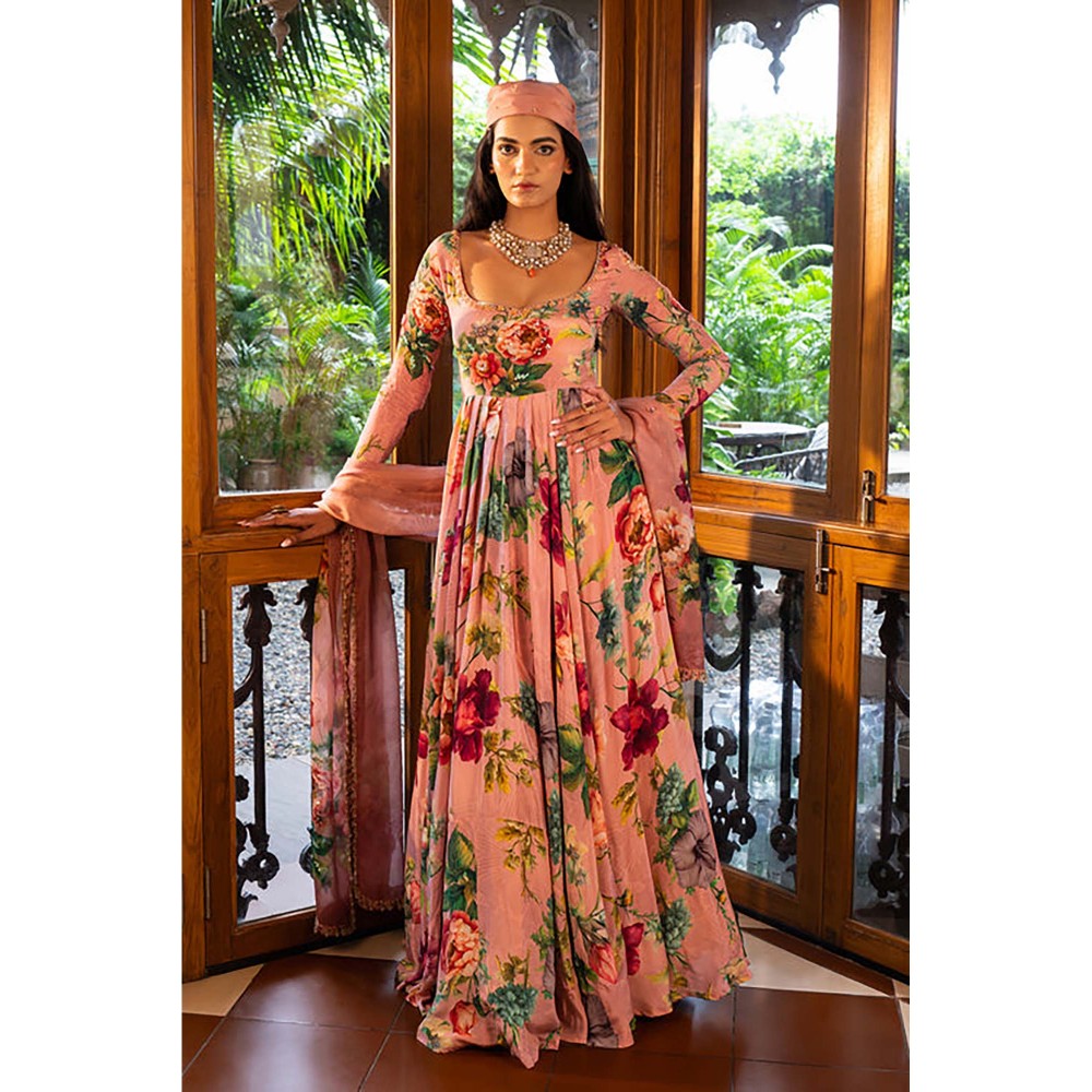 AFFROZ Dusty Rose Floral Anarkali Kurta with Pant and Dupatta