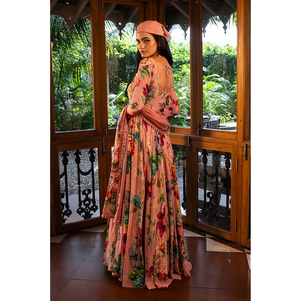 AFFROZ Dusty Rose Floral Anarkali Kurta with Pant and Dupatta