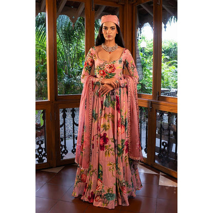 AFFROZ Dusty Rose Floral Anarkali Kurta with Pant and Dupatta