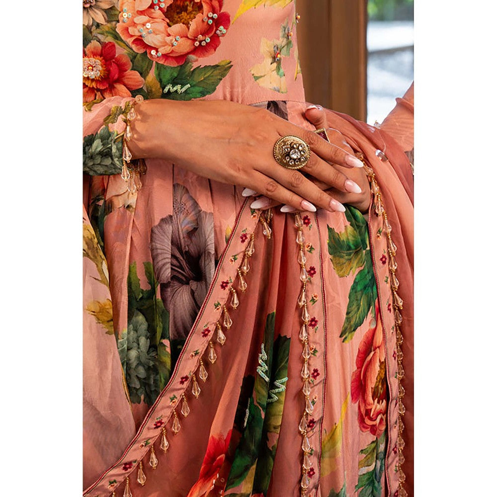 AFFROZ Dusty Rose Floral Anarkali Kurta with Pant and Dupatta