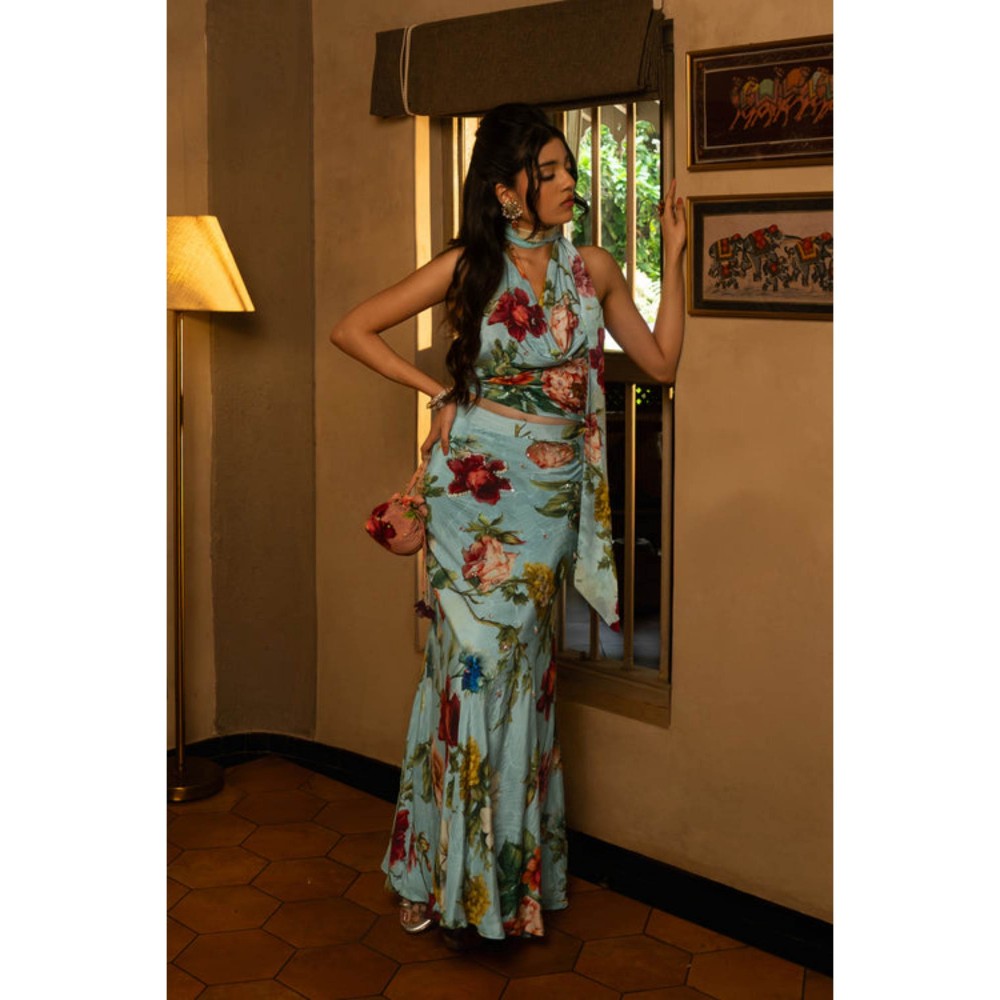 AFFROZ Powder Blue Floral Skirt Set