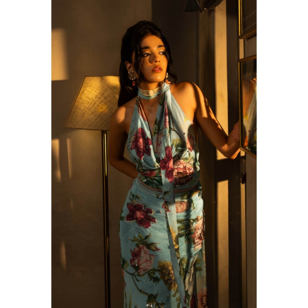AFFROZ Powder Blue Floral Skirt Set
