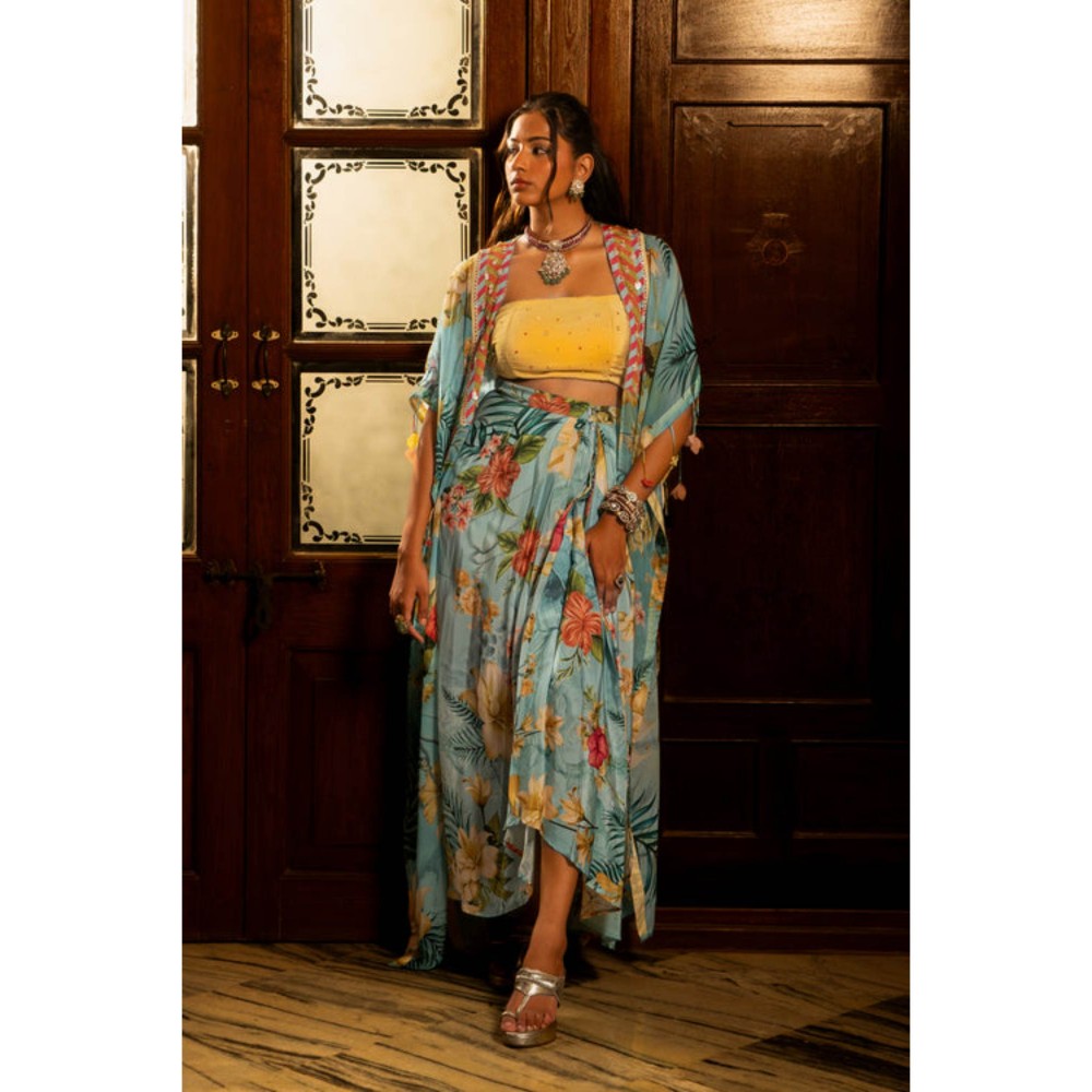 AFFROZ Tropical Blue Draped Skirt And Jacket Set