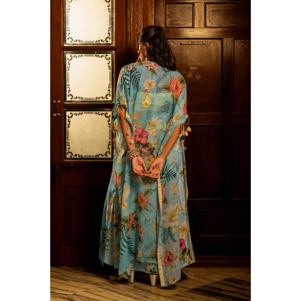 AFFROZ Tropical Blue Draped Skirt And Jacket Set