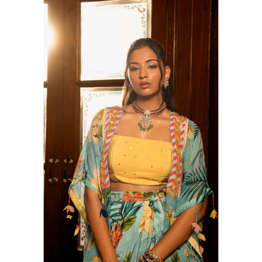 AFFROZ Tropical Blue Draped Skirt And Jacket Set