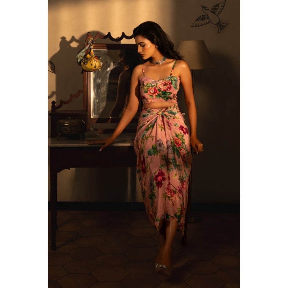 AFFROZ Dusty Rose Wrapped Skirt With Bustier