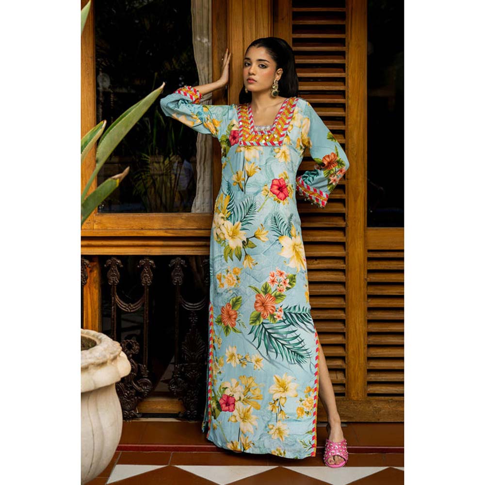 AFFROZ Tropical Blue Floral Printed With Embellished Maxi Dress