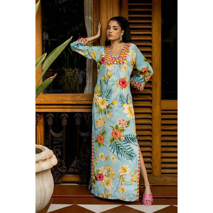 AFFROZ Tropical Blue Floral Printed With Embellished Maxi Dress