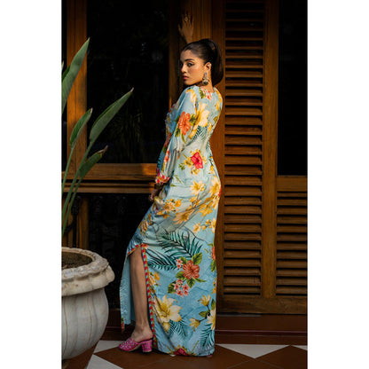 AFFROZ Tropical Blue Floral Printed With Embellished Maxi Dress