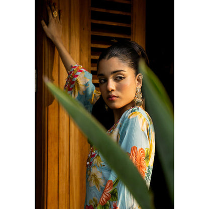 AFFROZ Tropical Blue Floral Printed With Embellished Maxi Dress
