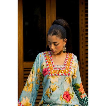 AFFROZ Tropical Blue Floral Printed With Embellished Maxi Dress
