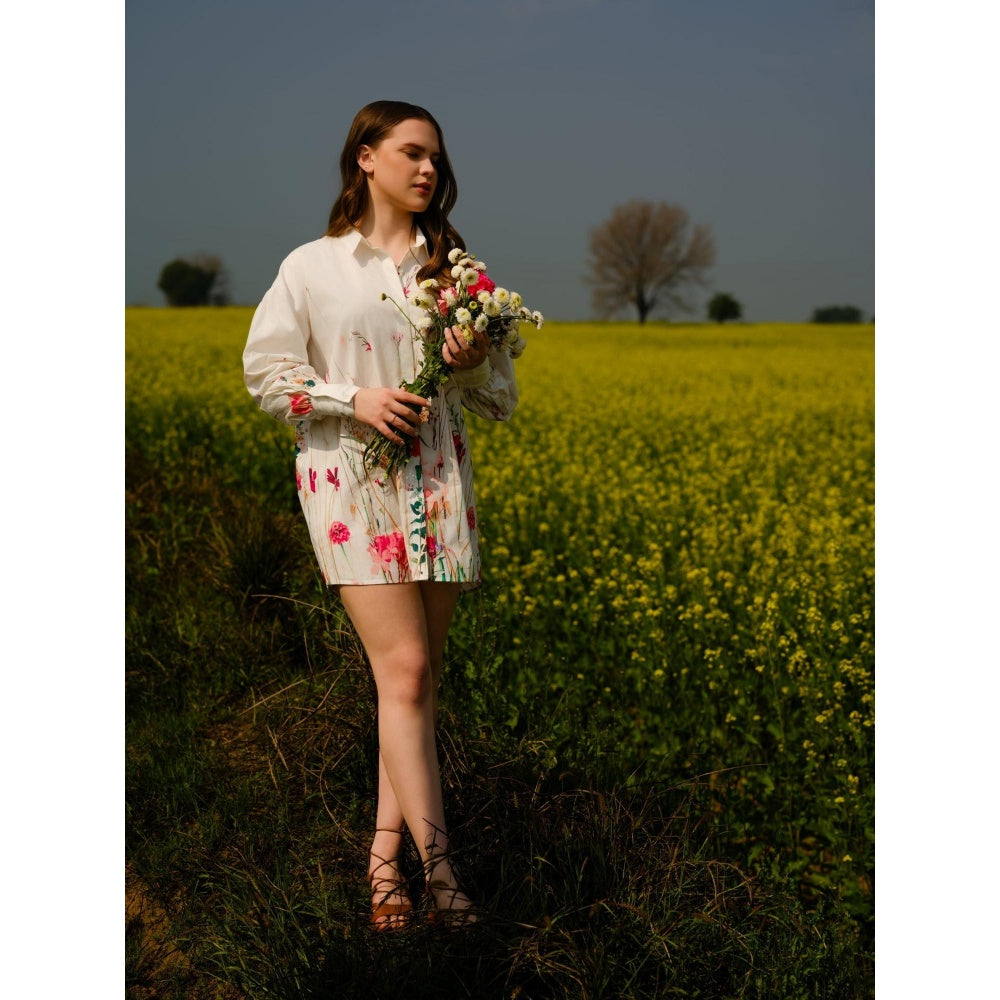 AFRIYA Floral Print Meadow Long White Shirt