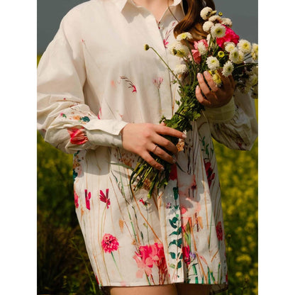 AFRIYA Floral Print Meadow Long White Shirt