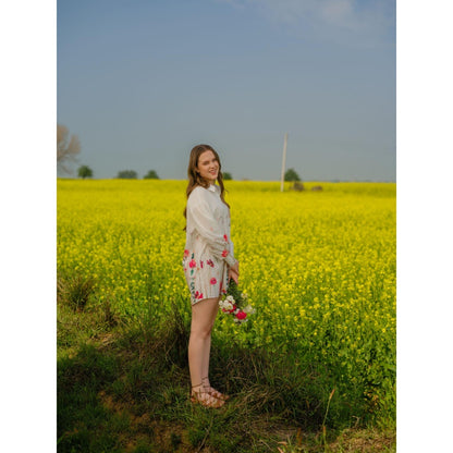 AFRIYA Floral Print Meadow Long White Shirt