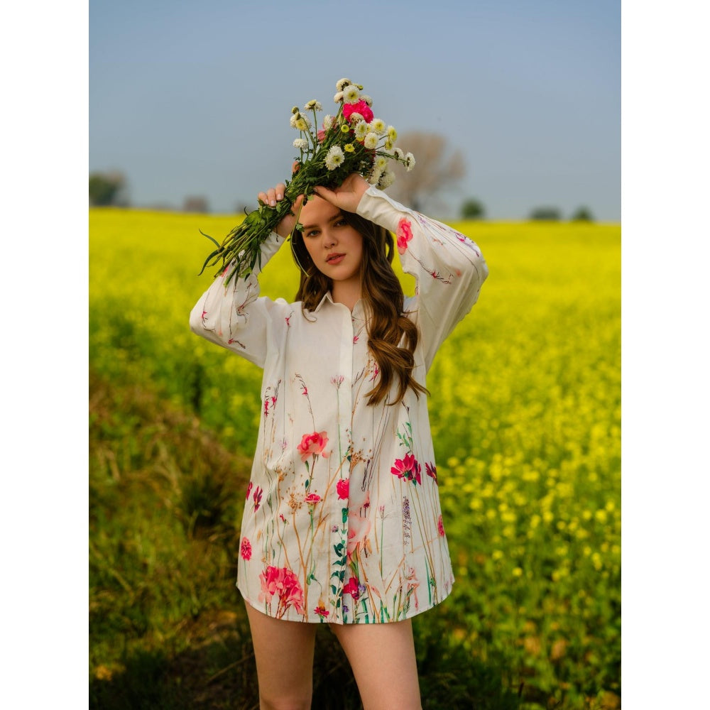 AFRIYA Floral Print Meadow Long White Shirt