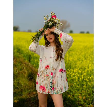 AFRIYA Floral Print Meadow Long White Shirt