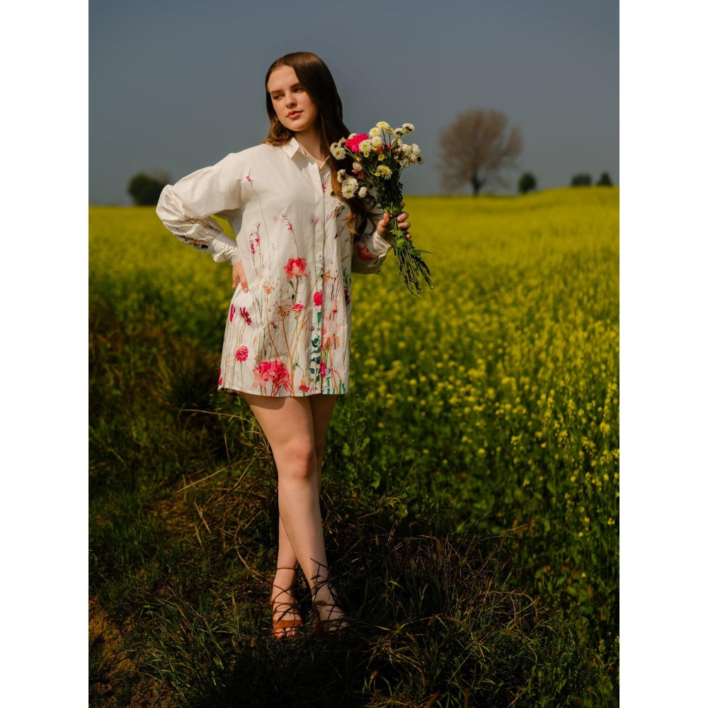AFRIYA Floral Print Meadow Long White Shirt