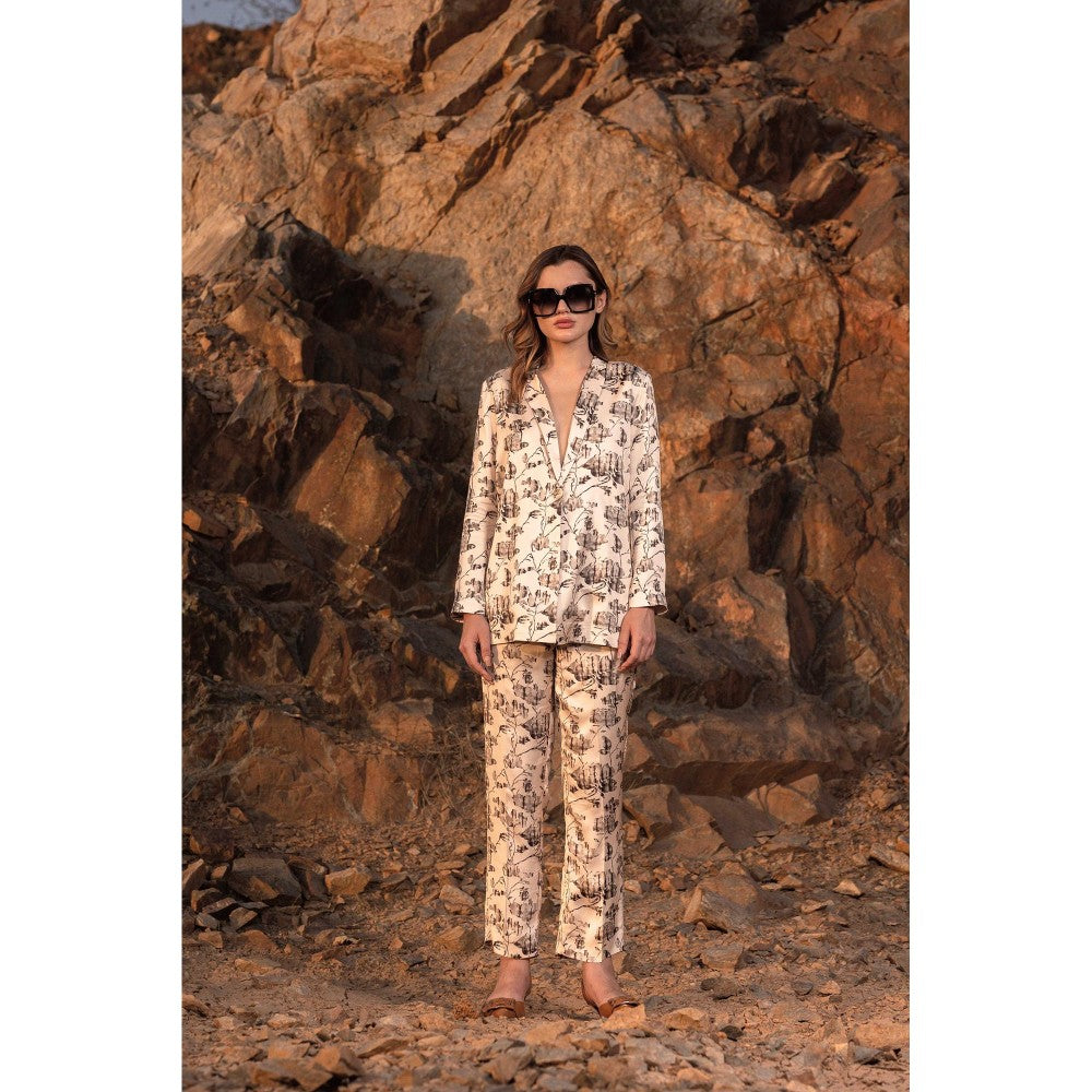 AFRIYA Beige Floral Reverie Long Blazer and Trouser Co-Ord