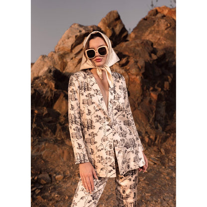 AFRIYA Floral Reverie Long Cream Blazer