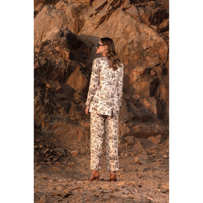 AFRIYA Beige Linen Satin Floral Reverie Trouser