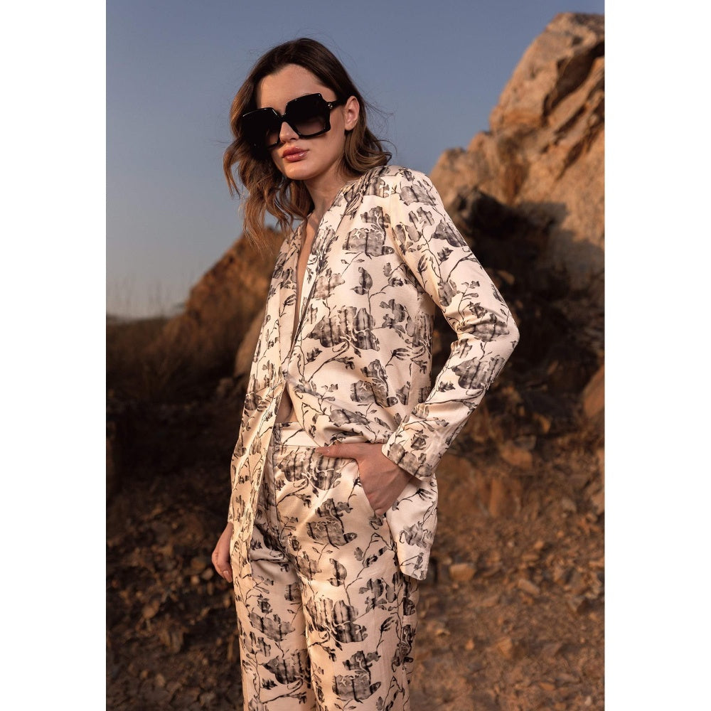 AFRIYA Beige Linen Satin Floral Reverie Trouser