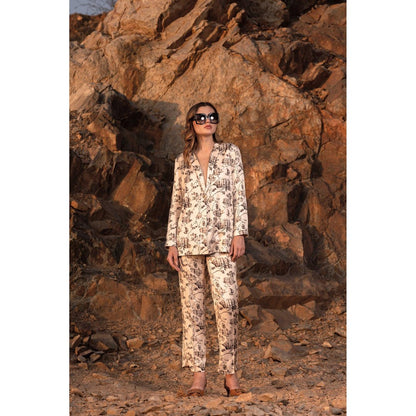 AFRIYA Beige Linen Satin Floral Reverie Trouser