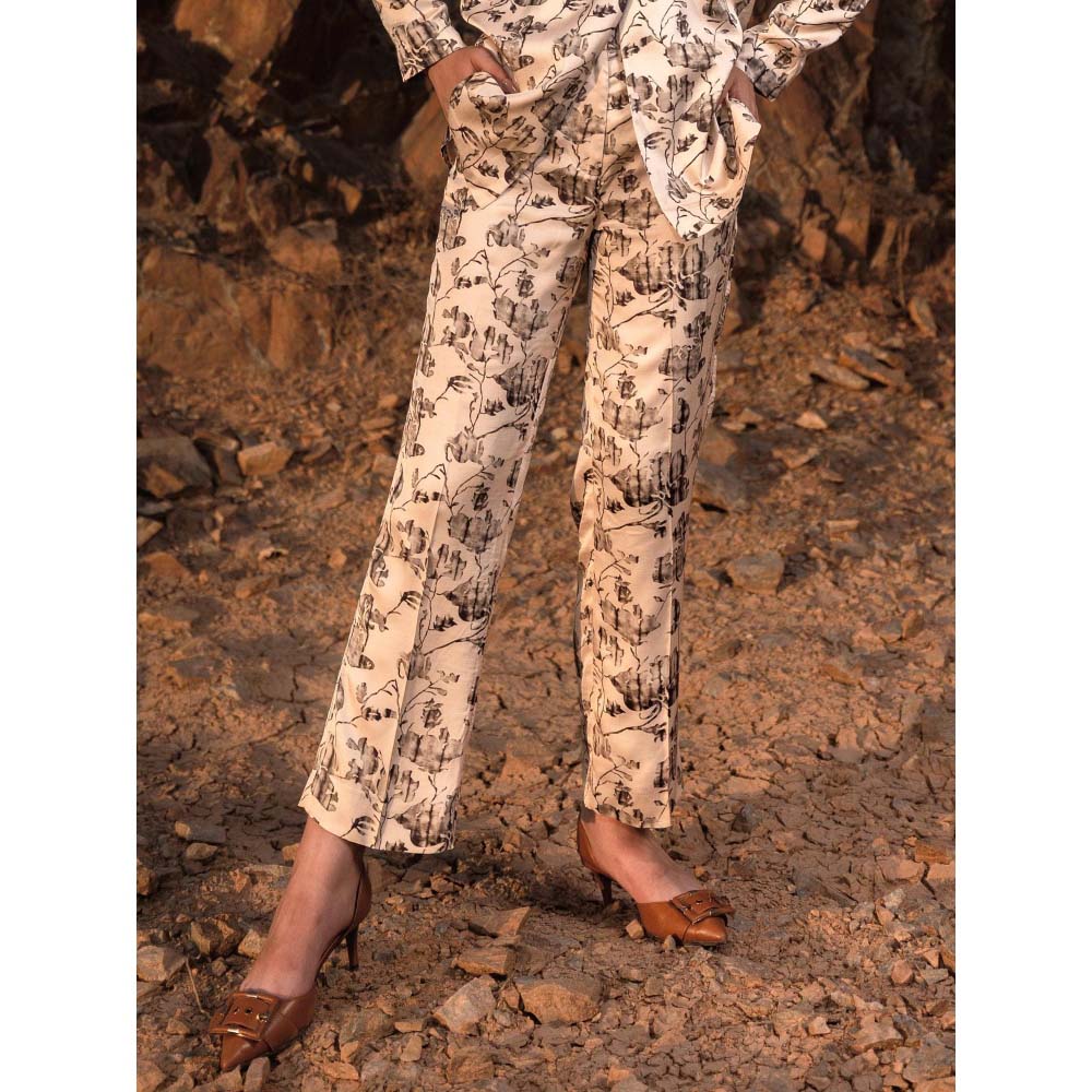 AFRIYA Beige Linen Satin Floral Reverie Trouser