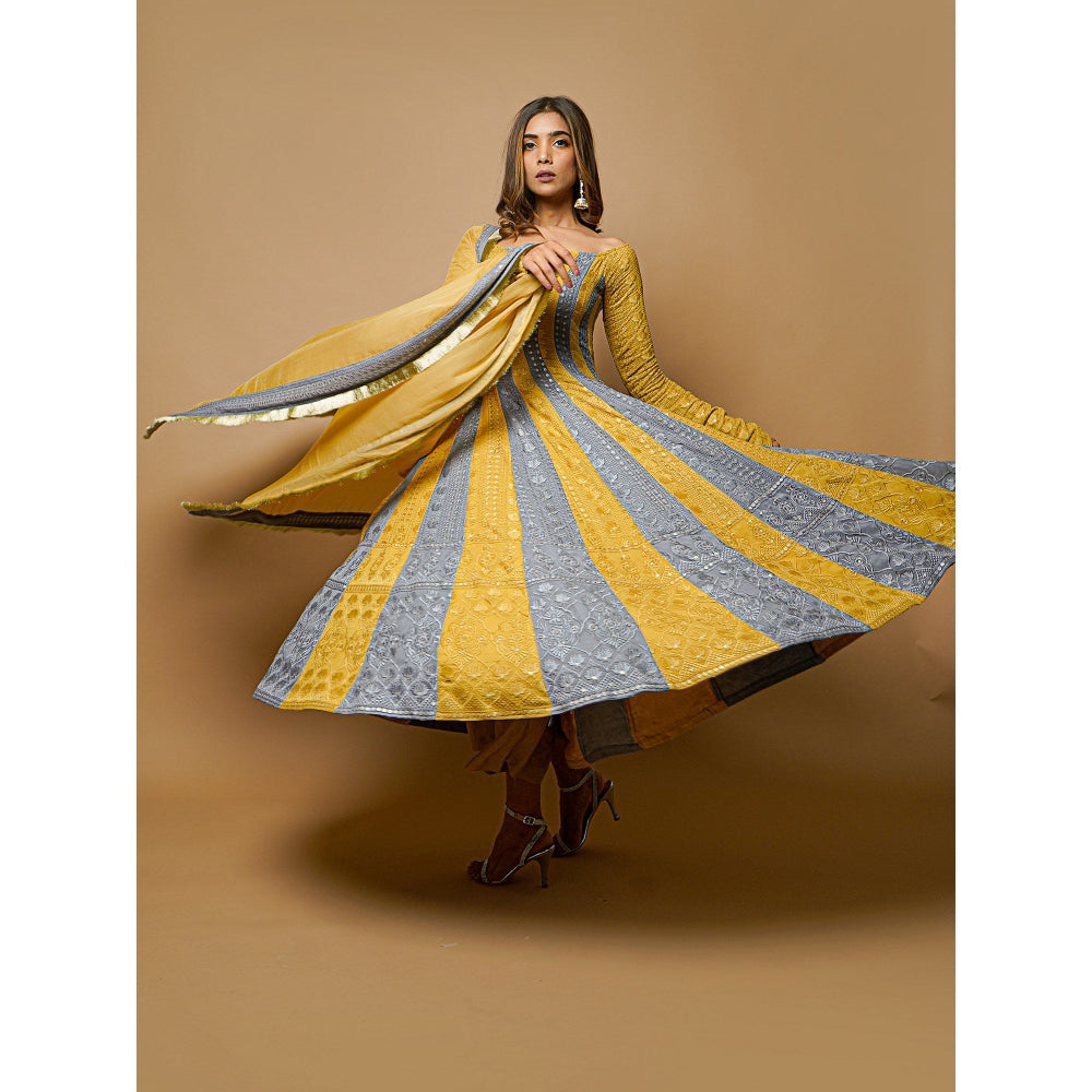 Ahi Clothing Yellow-Grey Chikankari Anarkali (Set of 3)