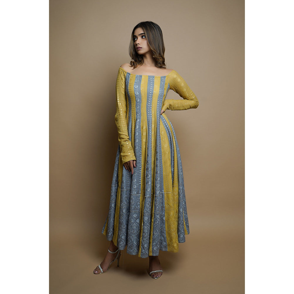 Ahi Clothing Yellow-Grey Chikankari Anarkali (Set of 3)