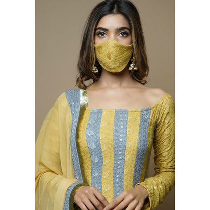 Ahi Clothing Yellow-Grey Chikankari Anarkali (Set of 3)