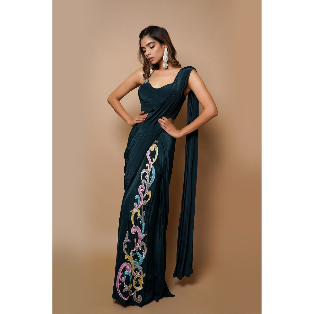 Ahi Clothing Teal Ready To Wear Saree With Stitched Blouse