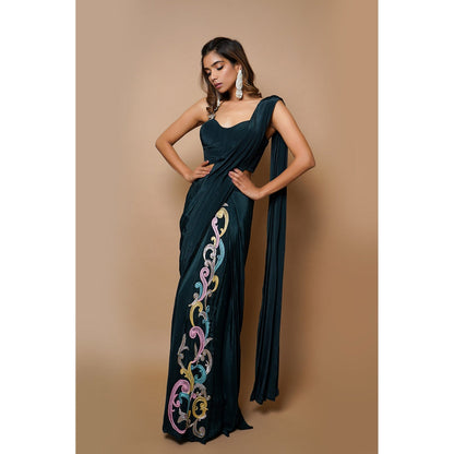 Ahi Clothing Teal Ready To Wear Saree With Stitched Blouse