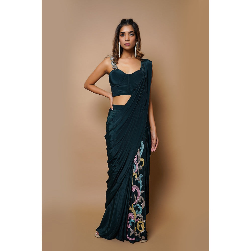 Ahi Clothing Teal Ready To Wear Saree With Stitched Blouse