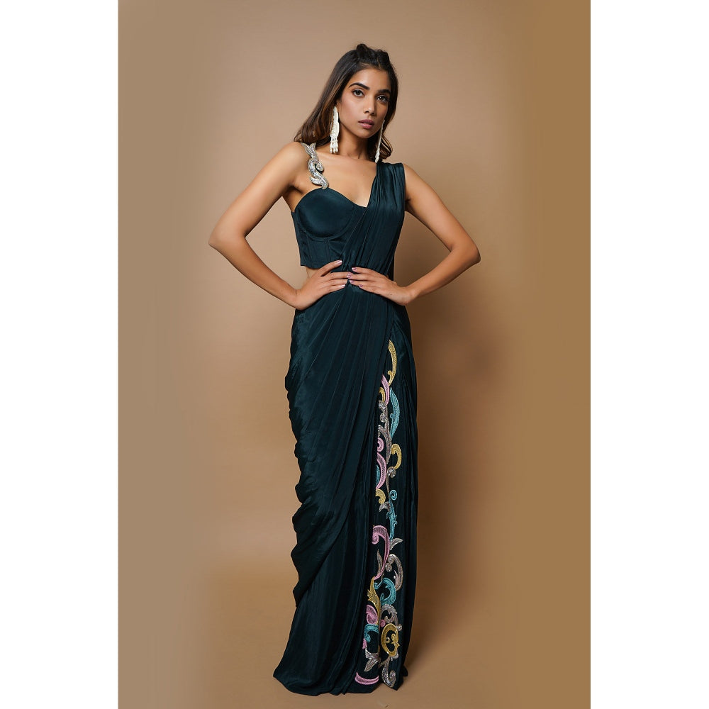 Ahi Clothing Teal Ready To Wear Saree With Stitched Blouse