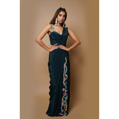 Ahi Clothing Teal Ready To Wear Saree With Stitched Blouse