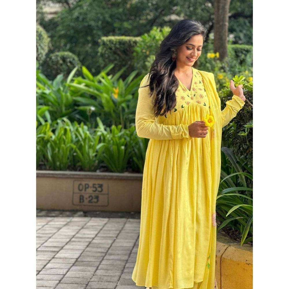 Ahi Clothing Yellow Anarkali Suit with Hand Painted Dupatta (Set of 3)