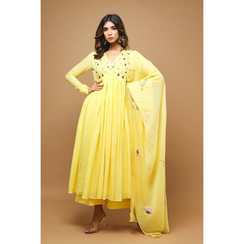 Ahi Clothing Yellow Anarkali Suit with Hand Painted Dupatta (Set of 3)