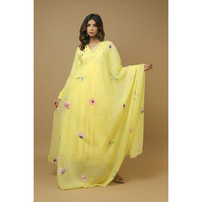 Ahi Clothing Yellow Anarkali Suit with Hand Painted Dupatta (Set of 3)