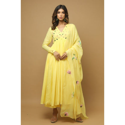 Ahi Clothing Yellow Anarkali Suit with Hand Painted Dupatta (Set of 3)