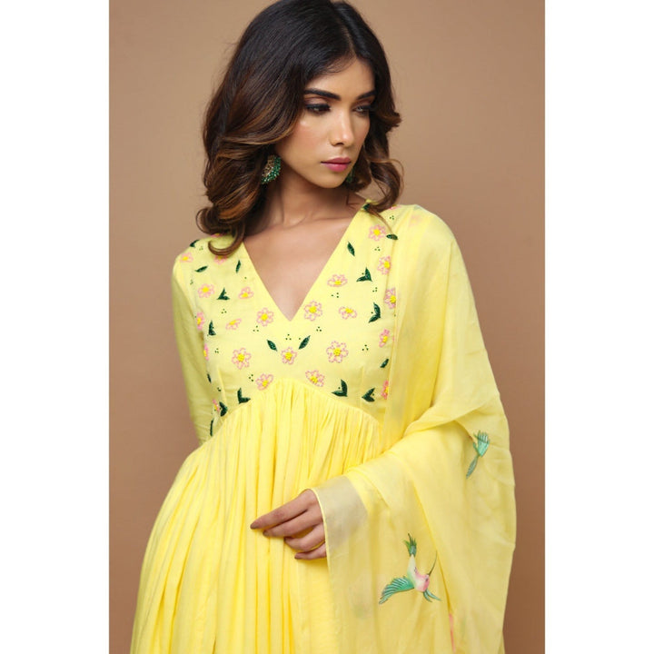 Ahi Clothing Yellow Anarkali Suit with Hand Painted Dupatta (Set of 3)