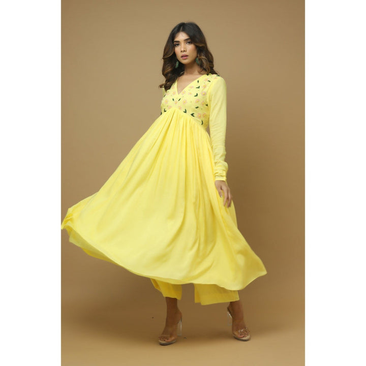 Ahi Clothing Yellow Anarkali Suit with Hand Painted Dupatta (Set of 3)
