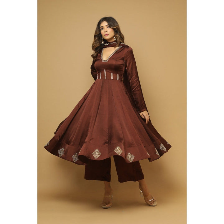 Ahi Clothing Brown Anarkali Satin Suit (Set of 3)