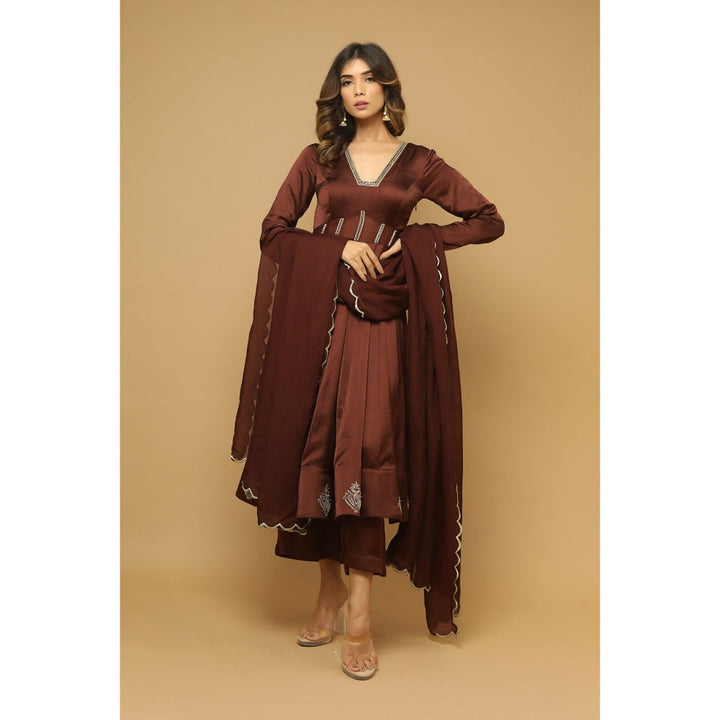 Ahi Clothing Brown Anarkali Satin Suit (Set of 3)